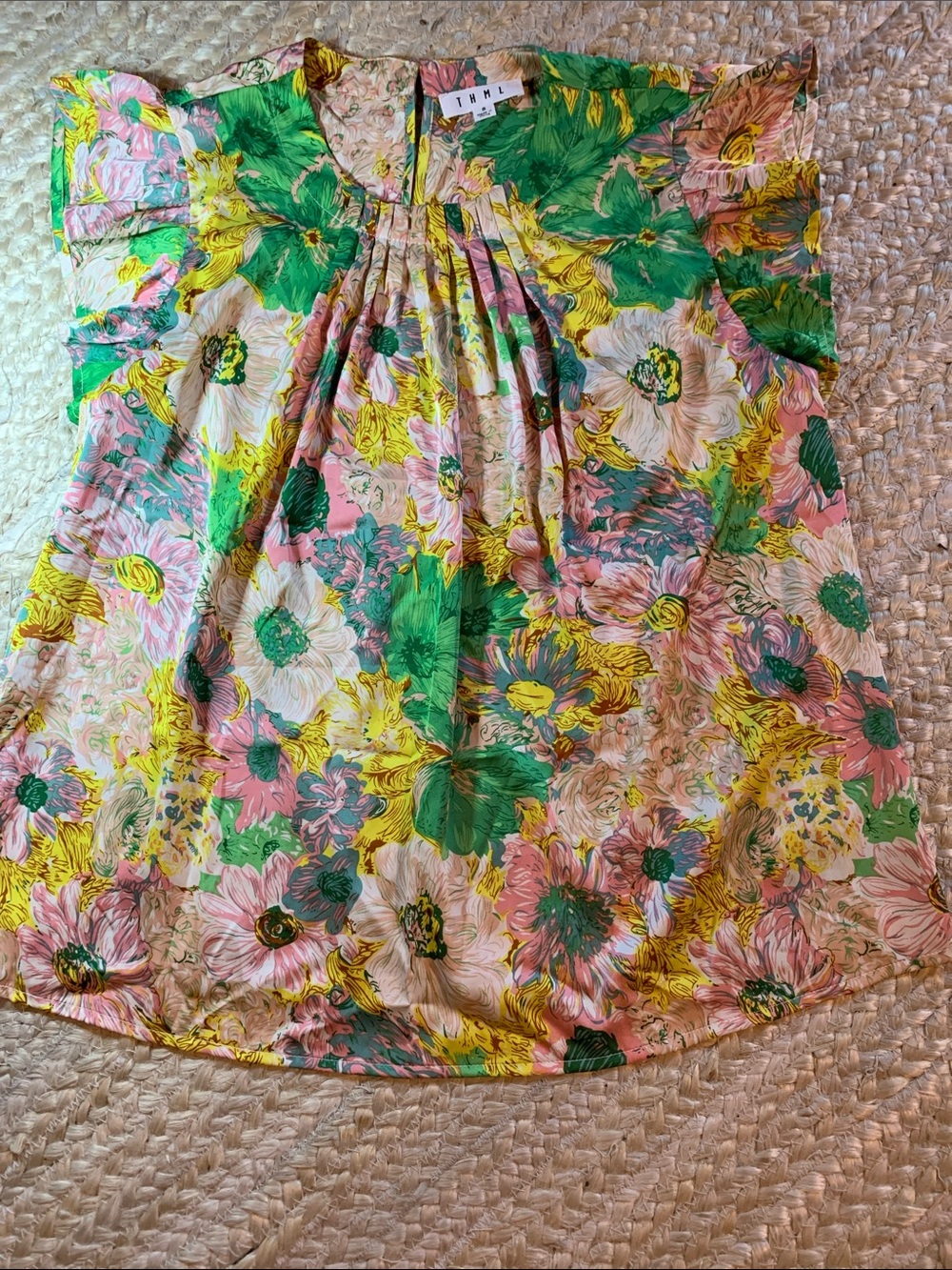 THML Floral Ruffle Sleeve Top in Pink, Green & Yellow
